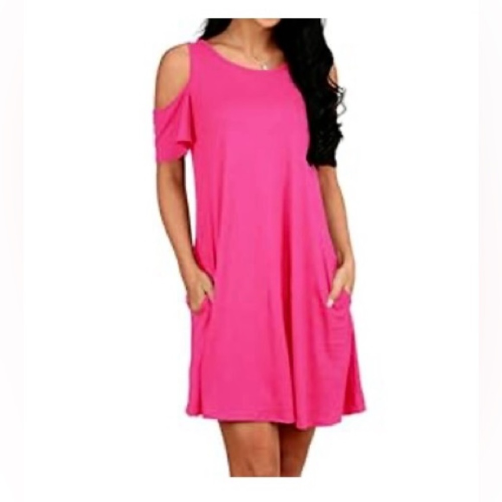 Fuchsia / Pink Cold Shoulder Tunic Top T-Shirt Swing
Dress with Pockets